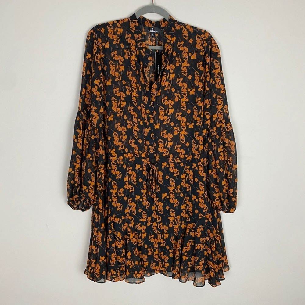 Lulus Sashay My Way Black Floral Print Long Sleeve Mini Dress Chiffon Womens XL